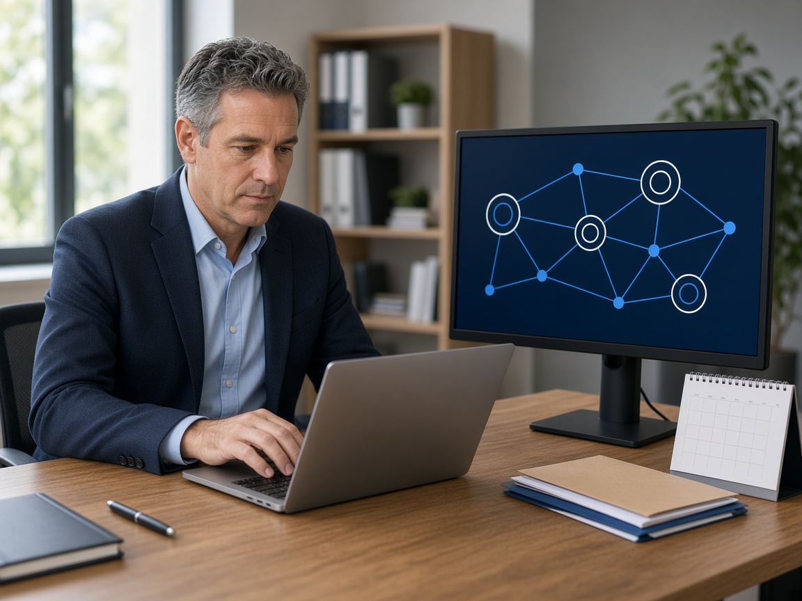 Training administrator managing an automated workflow on a laptop beside a connected process map