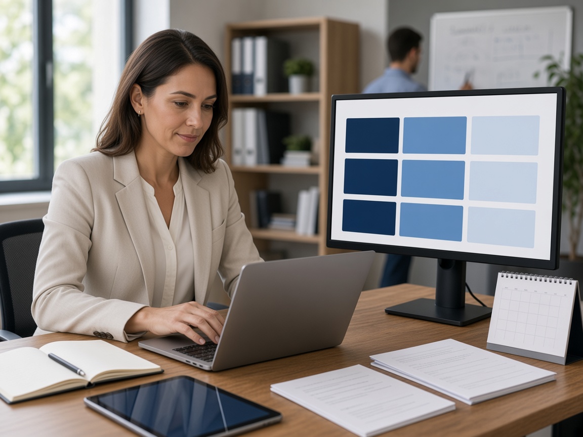 Learning specialist organizing course modules on a laptop and desktop monitor