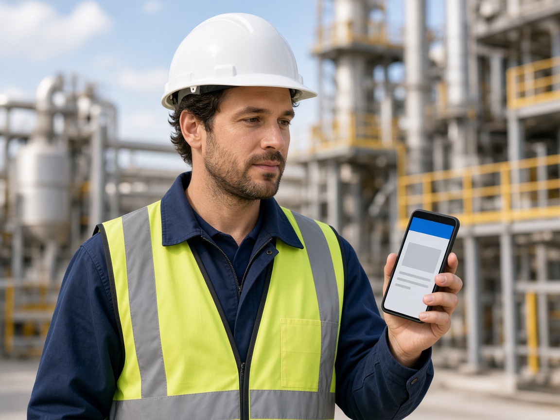 Site worker opening a training module on a smartphone at an industrial plant