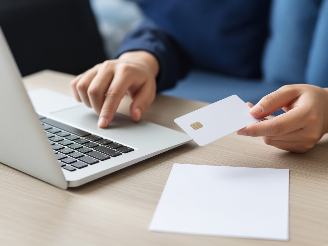 Person completing a course payment on a laptop with a card and invoice