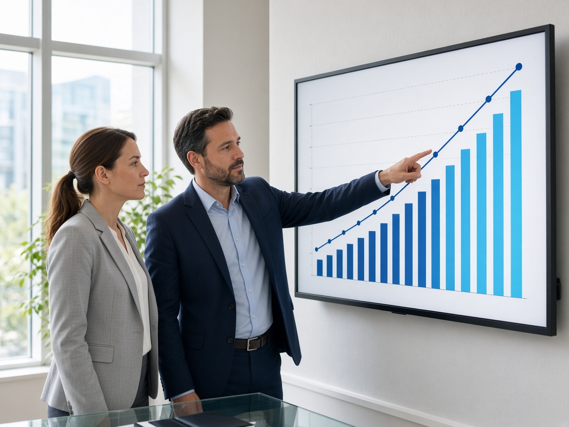 Managers reviewing a rising training performance chart on a large display